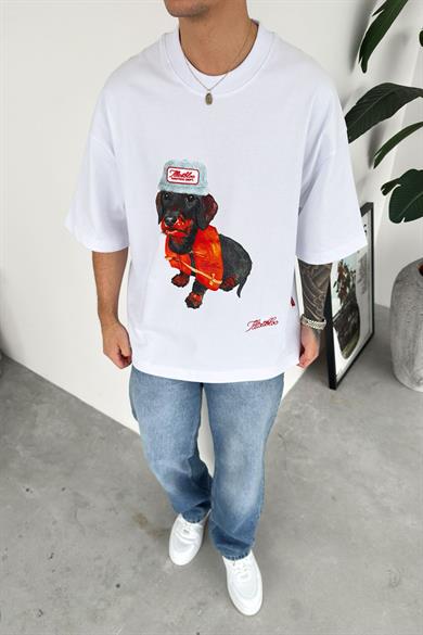 Beyaz Cap Dog Baskılı Premium Oversize Tişört