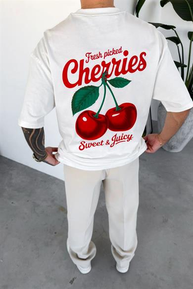 Beyaz Cherries Baskılı Oversize Tişört