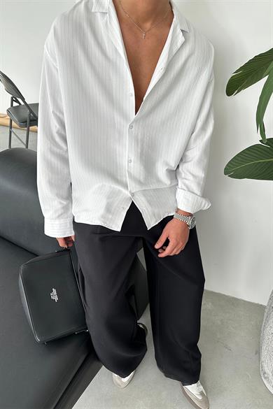 Beyaz Çizgili Basic Oversize Gömlek
