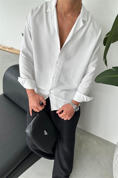 Beyaz Çizgili Basic Oversize Gömlek