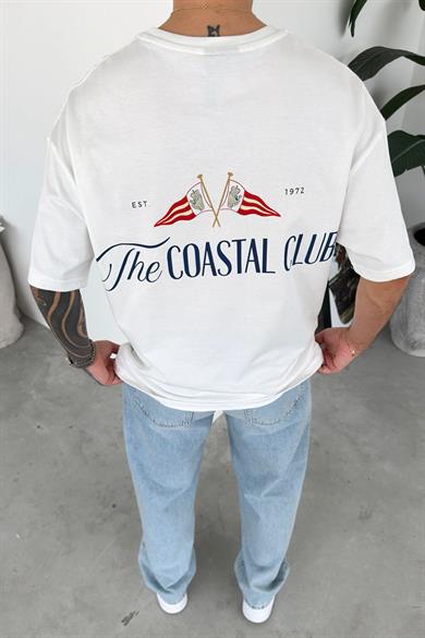 Beyaz Coastal Baskılı Oversize Tişört