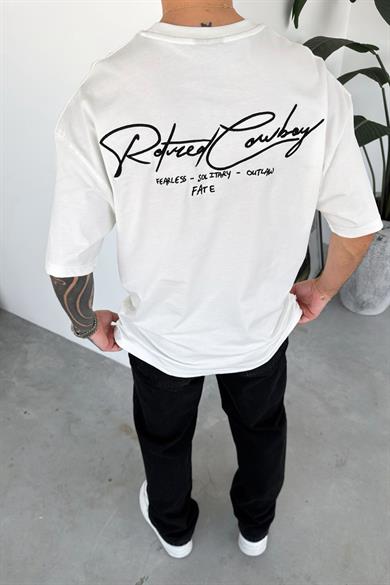 Beyaz Cowboy Nakış Detay Oversize Tişört