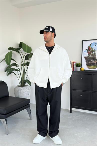 Beyaz Cozy Basic Çift Fermuar Oversize Sweatshirt