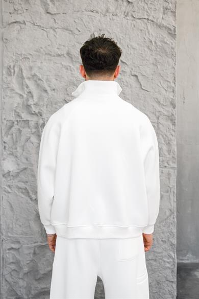 Beyaz Cozy Basic Çift Fermuar Oversize Sweatshirt