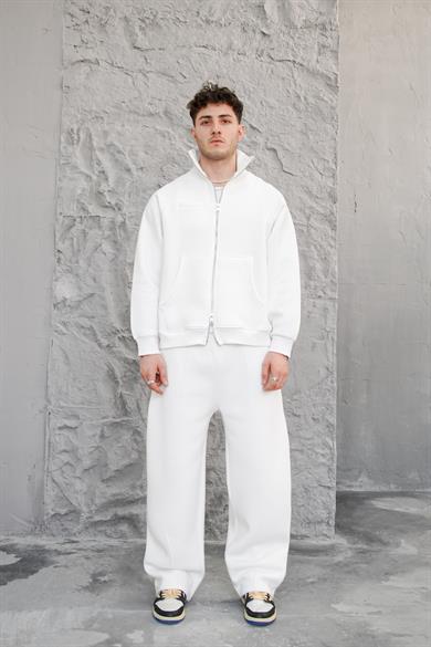 Beyaz Cozy Basic Çift Fermuar Oversize Sweatshirt