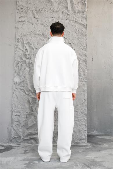 Beyaz Cozy Basic Çift Fermuar Oversize Sweatshirt