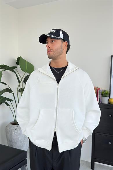 Beyaz Cozy Basic Çift Fermuar Oversize Sweatshirt
