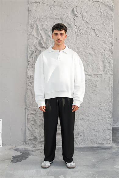 Beyaz Cozy Basic Oversize Polo Yaka Sweatshirt
