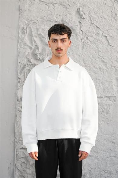 Beyaz Cozy Basic Oversize Polo Yaka Sweatshirt