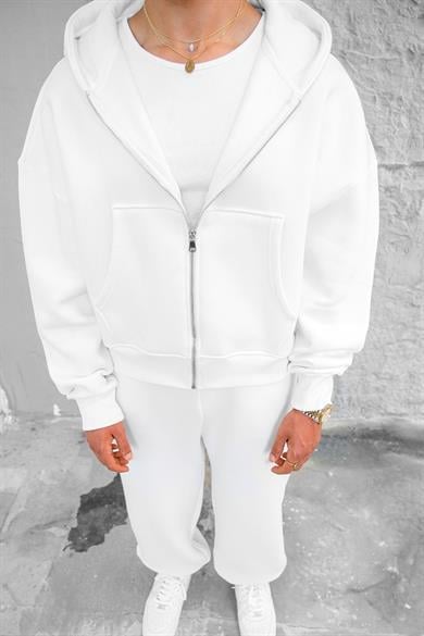 Beyaz Cozy Basic Tam Fermuar Oversize Sweatshirt