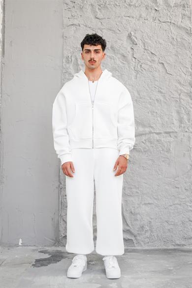 Beyaz Cozy Basic Tam Fermuar Oversize Sweatshirt