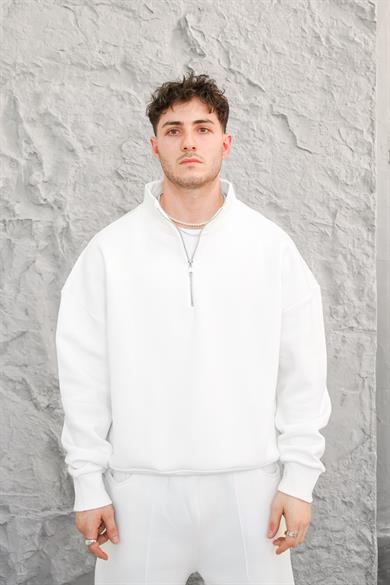 Beyaz Cozy Basic Yarım Fermuar Oversize Sweatshirt