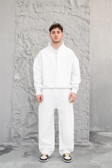 Beyaz Cozy Basic Yarım Fermuar Oversize Sweatshirt