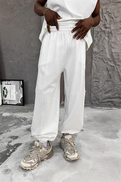 Beyaz Cozy Premium Çımalı Paça Lastik Eşofman