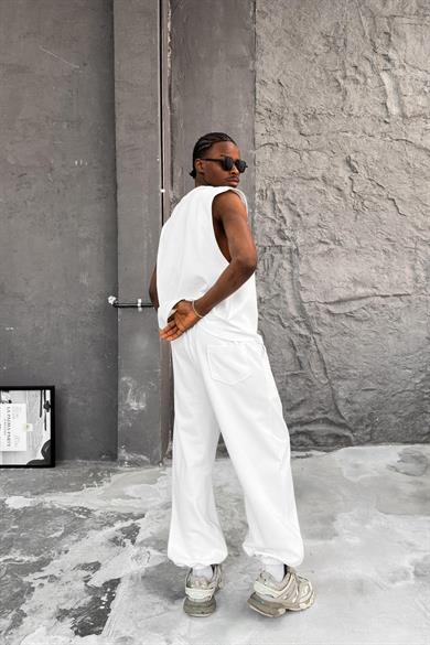 Beyaz Cozy Premium Çımalı Paça Lastik Eşofman