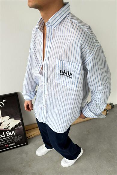Beyaz Daily Nakışlı Çizgili Oversize Gömlek