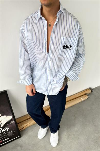 Beyaz Daily Nakışlı Çizgili Oversize Gömlek