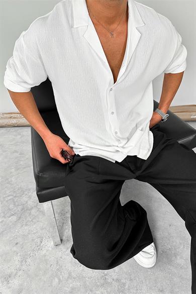 Beyaz Dokulu Fitilli Basic Oversize Gömlek