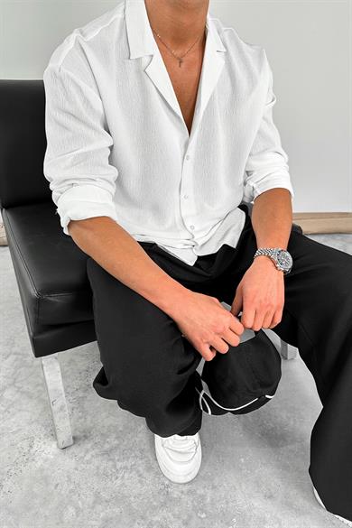 Beyaz Dokulu Fitilli Basic Oversize Gömlek