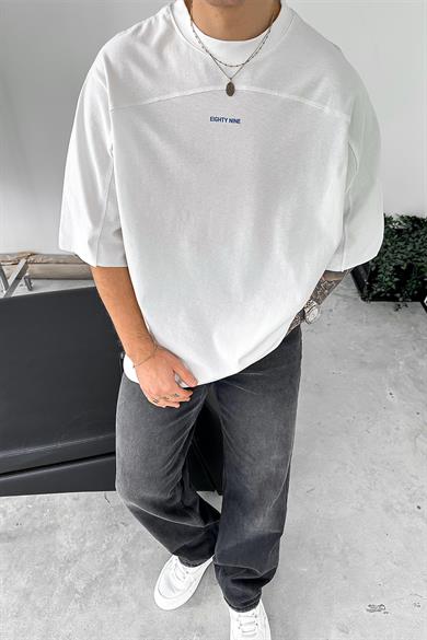 Beyaz Eighty Nine Dikiş Detay Oversize Tişört
