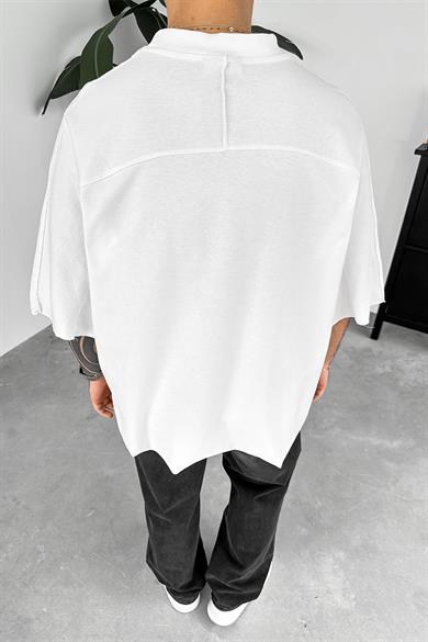 Beyaz Eighty Nine Dikiş Detay Oversize Tişört