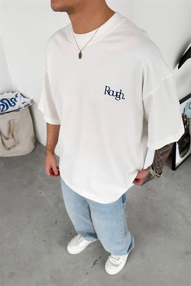 Beyaz Etnik Desen Baskılı Premium Oversize Tişört