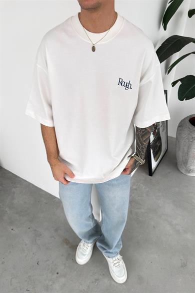 Beyaz Etnik Desen Baskılı Premium Oversize Tişört