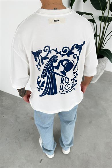 Beyaz Etnik Desen Baskılı Premium Oversize Tişört