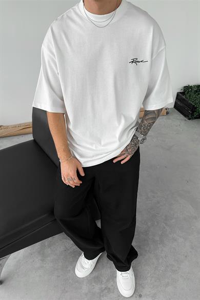 Beyaz Etnik Nakışlı Oversize Tişört