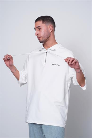 Beyaz Fermuarlı EE Oversize Polo Yaka Tişört