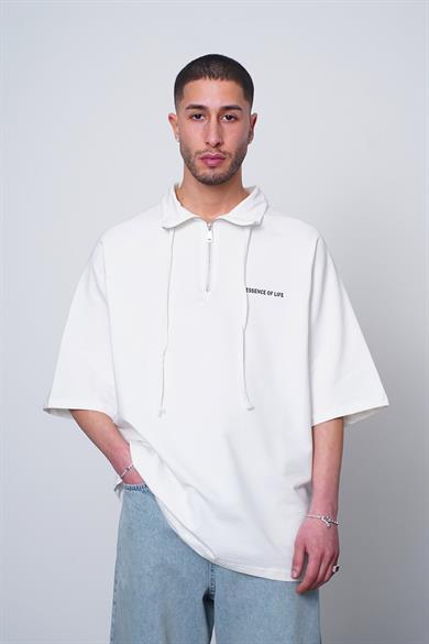 Beyaz Fermuarlı EE Oversize Polo Yaka Tişört