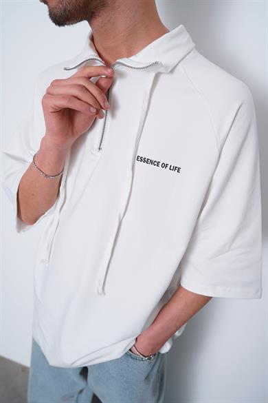 Beyaz Fermuarlı EE Oversize Polo Yaka Tişört