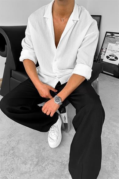 Beyaz Fitilli Basic Oversize Gömlek
