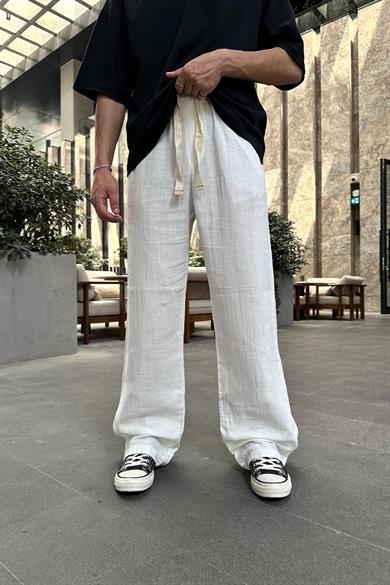 Beyaz Fitilli Beli Lastikli Keten GO Baggy Pantolon