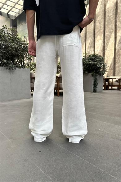 Beyaz Fitilli Beli Lastikli Keten GO Baggy Pantolon