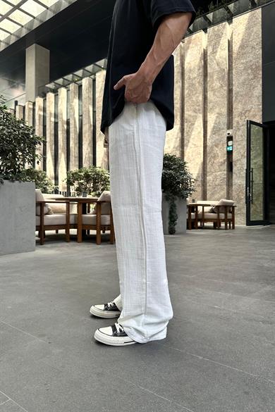 Beyaz Fitilli Beli Lastikli Keten GO Baggy Pantolon