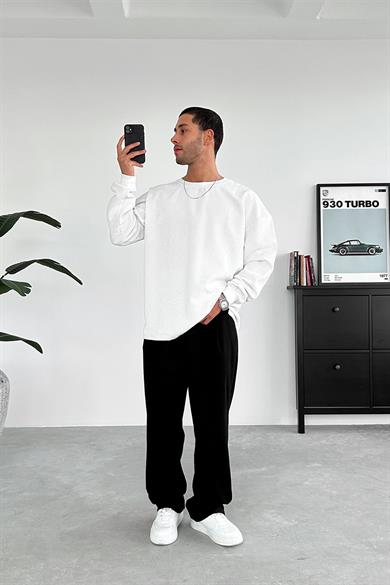 Beyaz Fitilli Kadife Basic Sweat