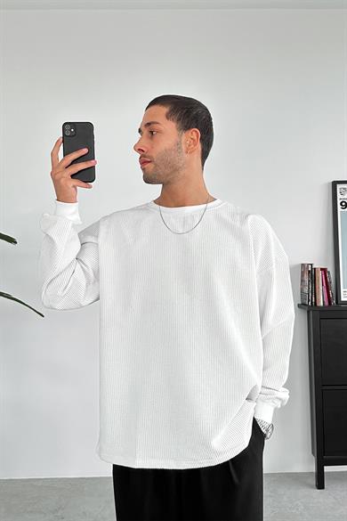 Beyaz Fitilli Kadife Basic Sweat