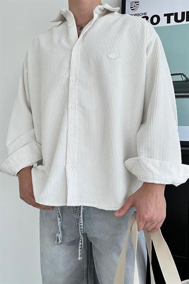 Beyaz Fitilli Kadife Oversize Gömlek
