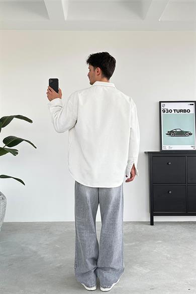 Beyaz Fitilli Kadife Oversize Gömlek