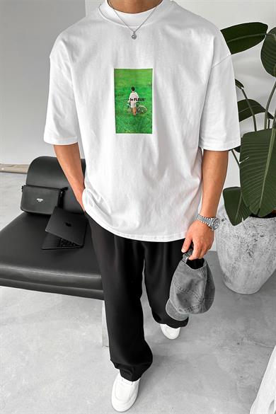 Beyaz Fleur Baskılı Oversize Tişört