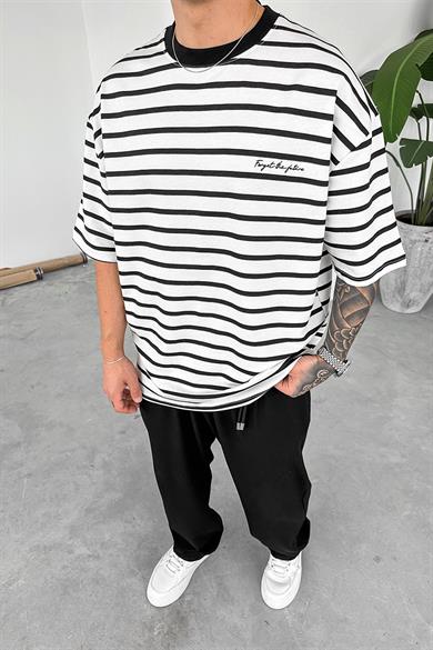 Beyaz Forget Çizgili Oversize Tişört