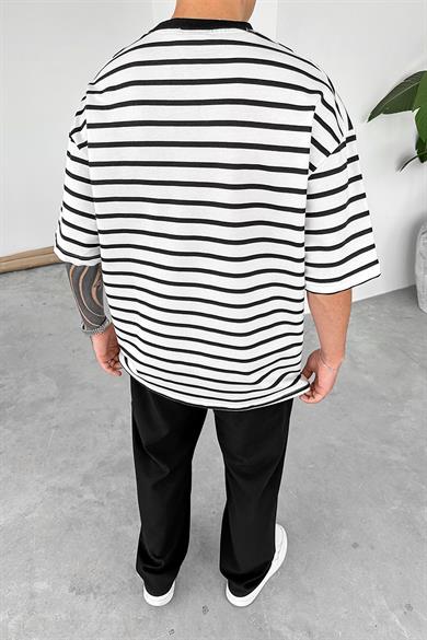 Beyaz Forget Çizgili Oversize Tişört