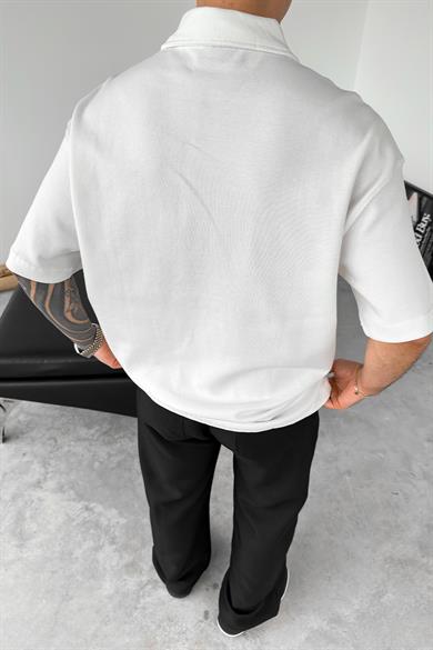 Beyaz Forget Nakış Detay Oversize Polo Yaka Tişört