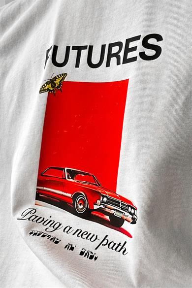 Beyaz Futures Baskılı Oversize Tişört