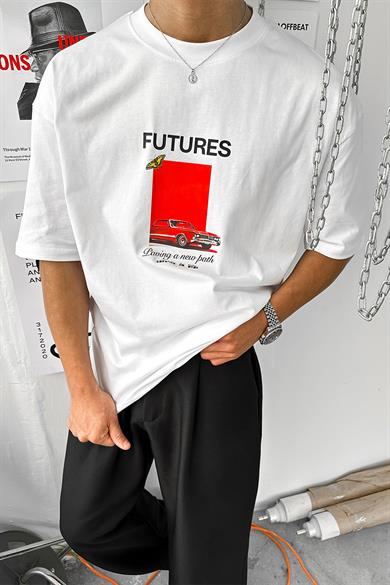Beyaz Futures Baskılı Oversize Tişört