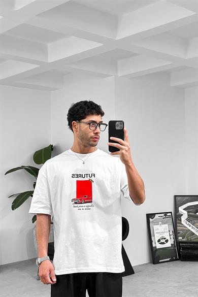 Beyaz Futures Baskılı Oversize Tişört