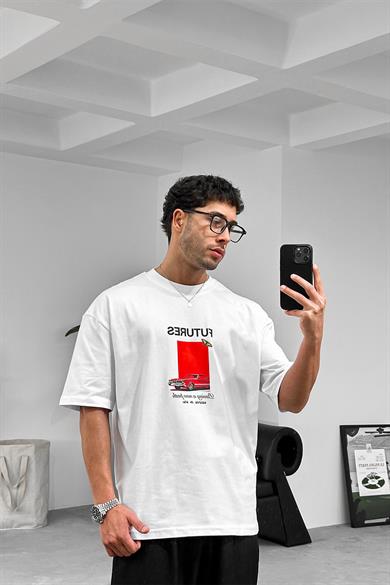 Beyaz Futures Baskılı Oversize Tişört