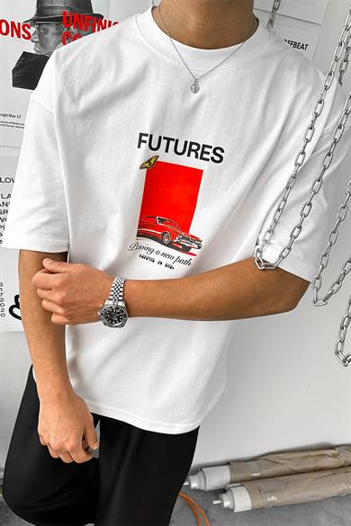 Beyaz Futures Baskılı Oversize Tişört