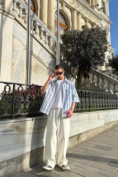 Beyaz Geniş Şeritli Cep Detaylı PH Boxy Fit Oversize Gömlek